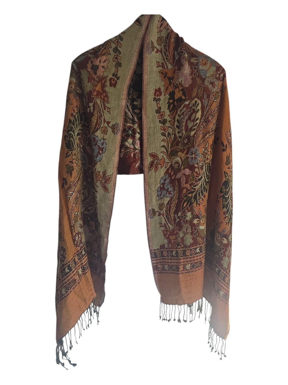 Floral Woven Shawl Scarf In Rust and Beige